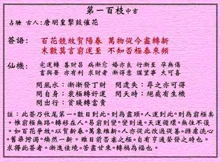 黄大仙灵签 第一百签:中吉 唐明皇赏花