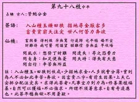 黄大仙灵签 第九十八签:中平 管鲍分金