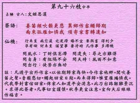 黄大仙灵签 第九十六签:中平 游子思家