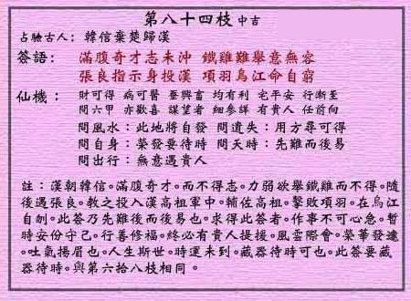 黄大仙灵签 第八十四签:中吉签 韩信弃楚归汉