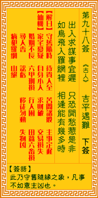观音灵签第98签，观音灵签第九十八签解签全解